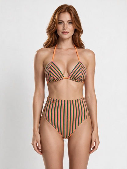 Solea-Coral Muse striped triangle bikini with high-waist bottom, front view
