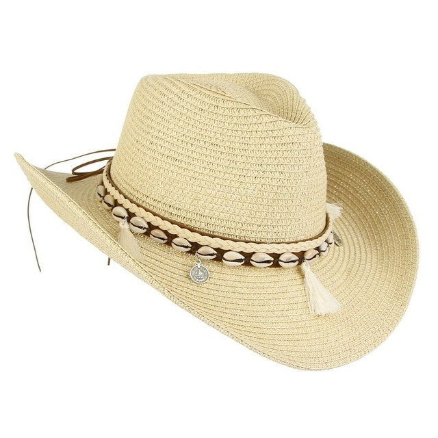 Cowgirl Straw Beach Hat Seashell  Strap
