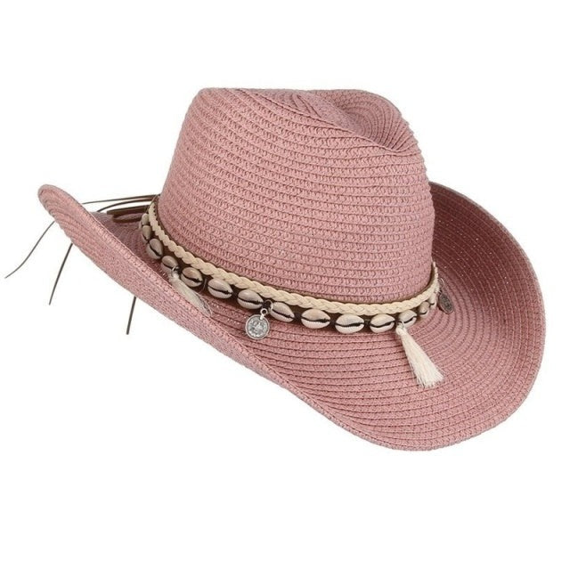 Cowgirl Straw Beach Hat Seashell  Strap